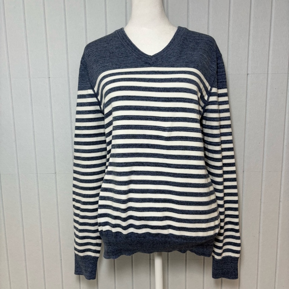 Express Women's Cotton Navy‎ and White Striped V-Neck Sweater Size M
